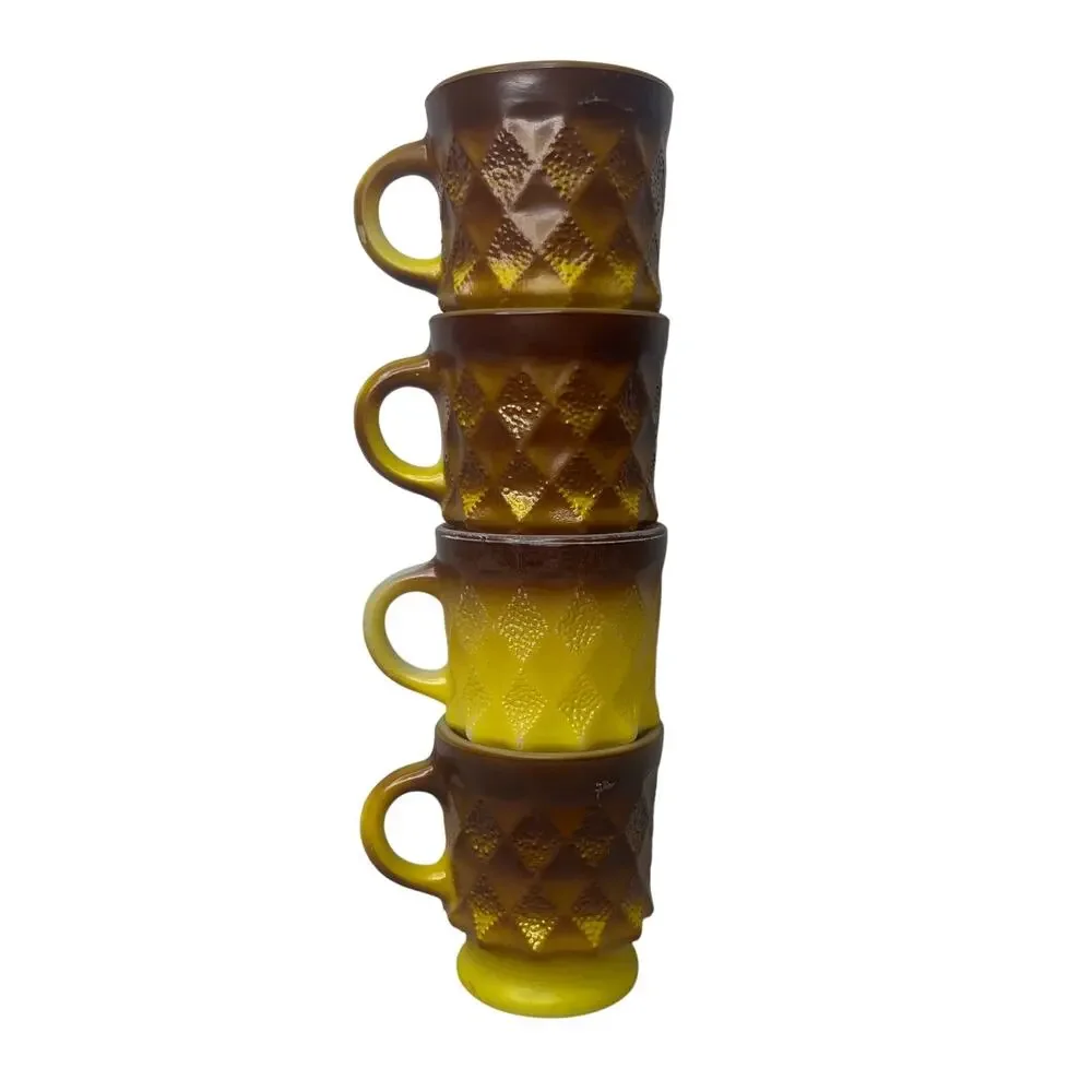 Vintage 70s Fire King Anchor Hocking Set 4 Yellow Brown Ombre Cups Mugs Coffee